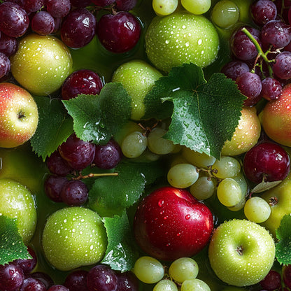fresh fruits, green apples, red apples, purple grapes, white grapes, cherries, limes, water droplets, realistic photography, vibrant colors, quilting cotton, fabric panel, fruit pattern, green leaves, grape vines, fresh produce, botanical design, kitchen theme, bright lighting, juicy fruits