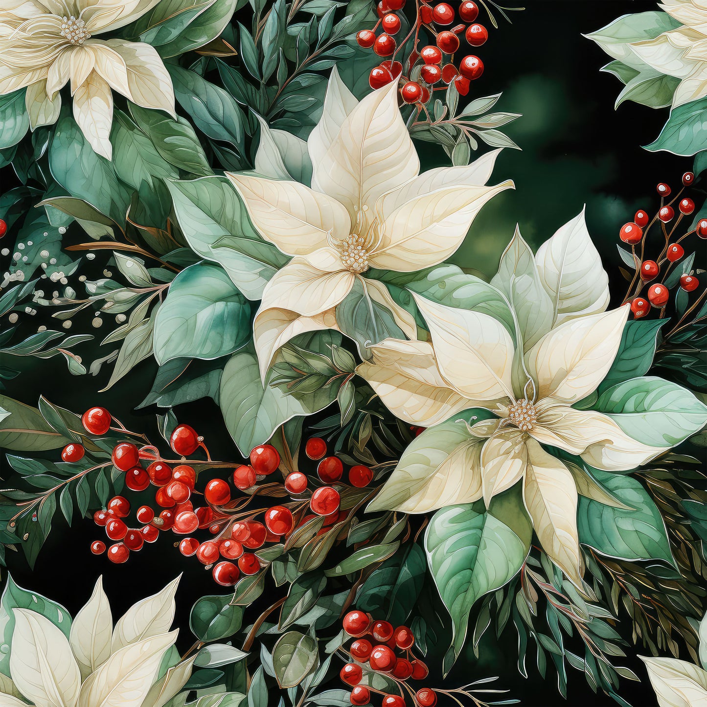 cream flowers, red berries, dark green leaves, botanical pattern, poinsettia blooms, holiday florals, christmas motif, quilting cotton, fabric panel, winter botanicals, festive arrangement, ivory petals, crimson accents, nature design, seasonal foliage, floral clusters, cottage style, watercolor effect