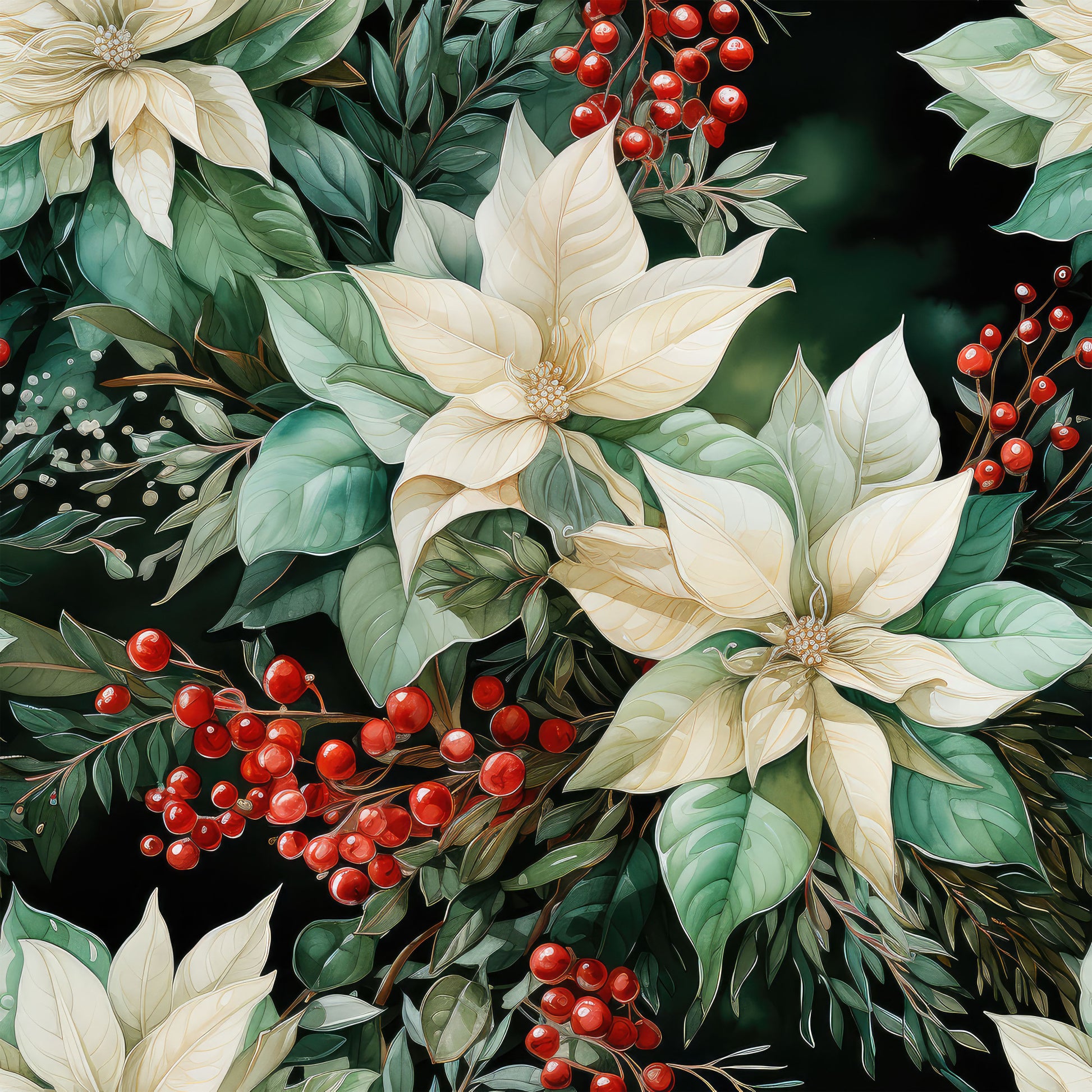 cream flowers, red berries, dark green leaves, botanical pattern, poinsettia blooms, holiday florals, christmas motif, quilting cotton, fabric panel, winter botanicals, festive arrangement, ivory petals, crimson accents, nature design, seasonal foliage, floral clusters, cottage style, watercolor effect
