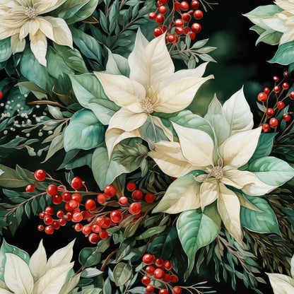 cream flowers, red berries, dark green leaves, botanical pattern, poinsettia blooms, holiday florals, christmas motif, quilting cotton, fabric panel, winter botanicals, festive arrangement, ivory petals, crimson accents, nature design, seasonal foliage, floral clusters, cottage style, watercolor effect