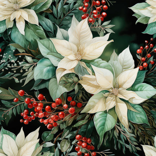 cream flowers, red berries, dark green leaves, botanical pattern, poinsettia blooms, holiday florals, christmas motif, quilting cotton, fabric panel, winter botanicals, festive arrangement, ivory petals, crimson accents, nature design, seasonal foliage, floral clusters, cottage style, watercolor effect