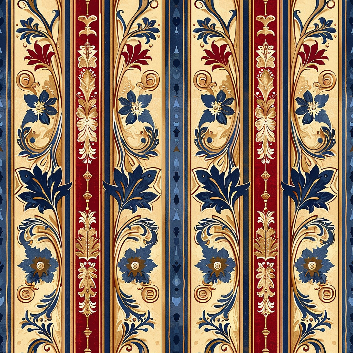 medieval, french pattern, burgundy, navy blue, cream, gold, floral motifs, ornate scrollwork, decorative stripes, gothic flowers, royal colors, vintage design, quilting cotton, fabric panel, elegant flourishes, botanical elements, regal aesthetic, intricate details, medieval art style, luxurious appearance