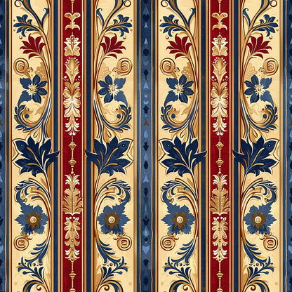 medieval, french pattern, burgundy, navy blue, cream, gold, floral motifs, ornate scrollwork, decorative stripes, gothic flowers, royal colors, vintage design, quilting cotton, fabric panel, elegant flourishes, botanical elements, regal aesthetic, intricate details, medieval art style, luxurious appearance