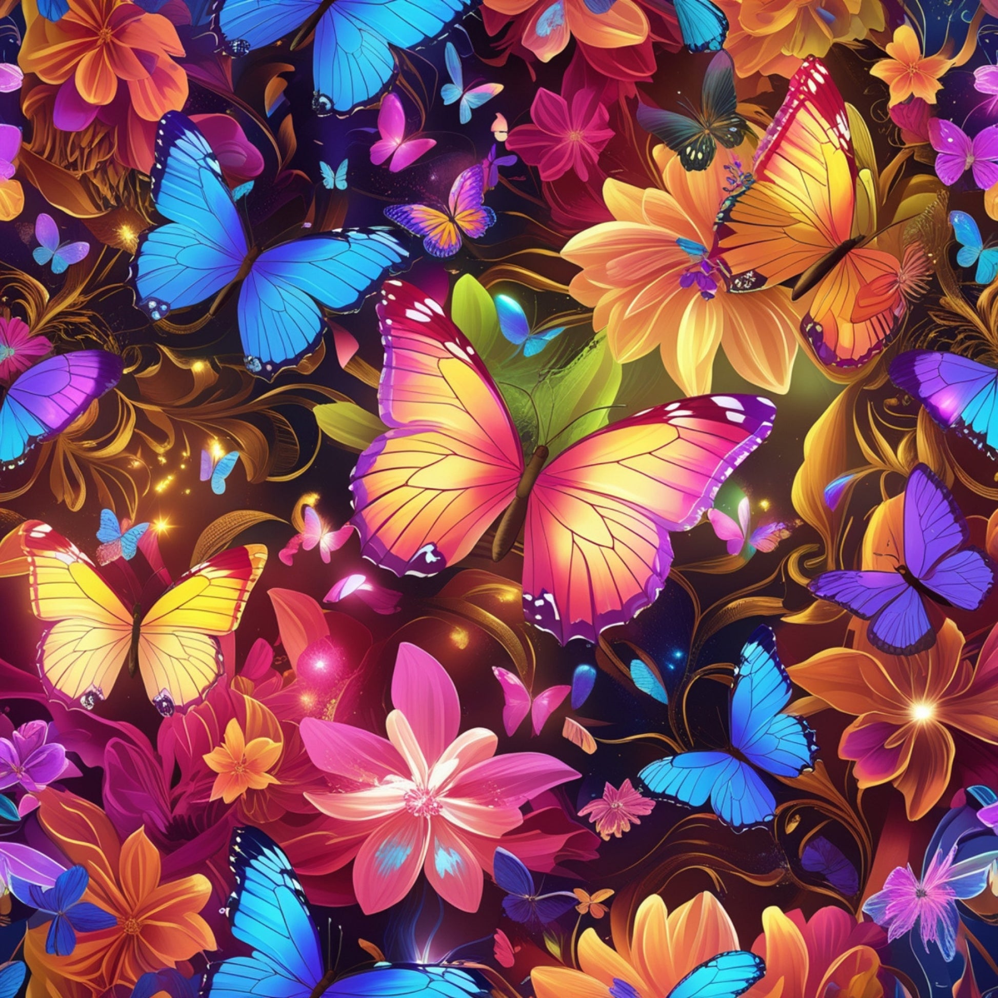 fantasy butterflies, vibrant colors, tropical flowers, blue morpho, orange monarch, purple wings, pink blossoms, gradient wings, floral pattern, quilting cotton, fabric panel, magical garden, iridescent wings, sunset colors, botanical design, nature theme, bright florals, butterfly collection, decorative wings, fantasy flora
