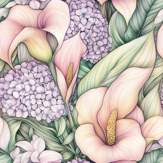 pastel pink, lavender purple, sage green, cream white, calla lily, hydrangea flowers, floral pattern, botanical design, tropical leaves, realistic illustration, soft watercolor style, delicate petals, yellow stamens, quilting cotton, fabric panel, spring flowers, garden blooms, feminine aesthetic, romantic florals, nature motifs