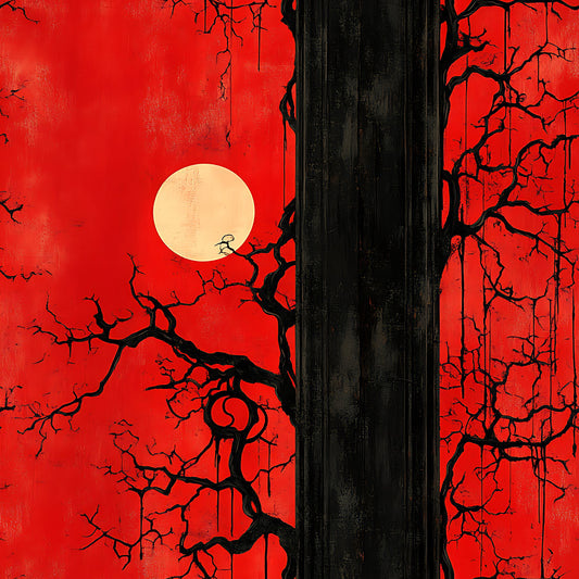 blood red, cream moon, black branches, bare trees, gothic atmosphere, spooky scene, halloween theme, dramatic sky, twisted branches, dark silhouettes, horror aesthetic, eerie mood, quilting cotton, fabric panel, crimson background, leafless trees, haunting landscape, macabre design, creepy branches, sinister vibe