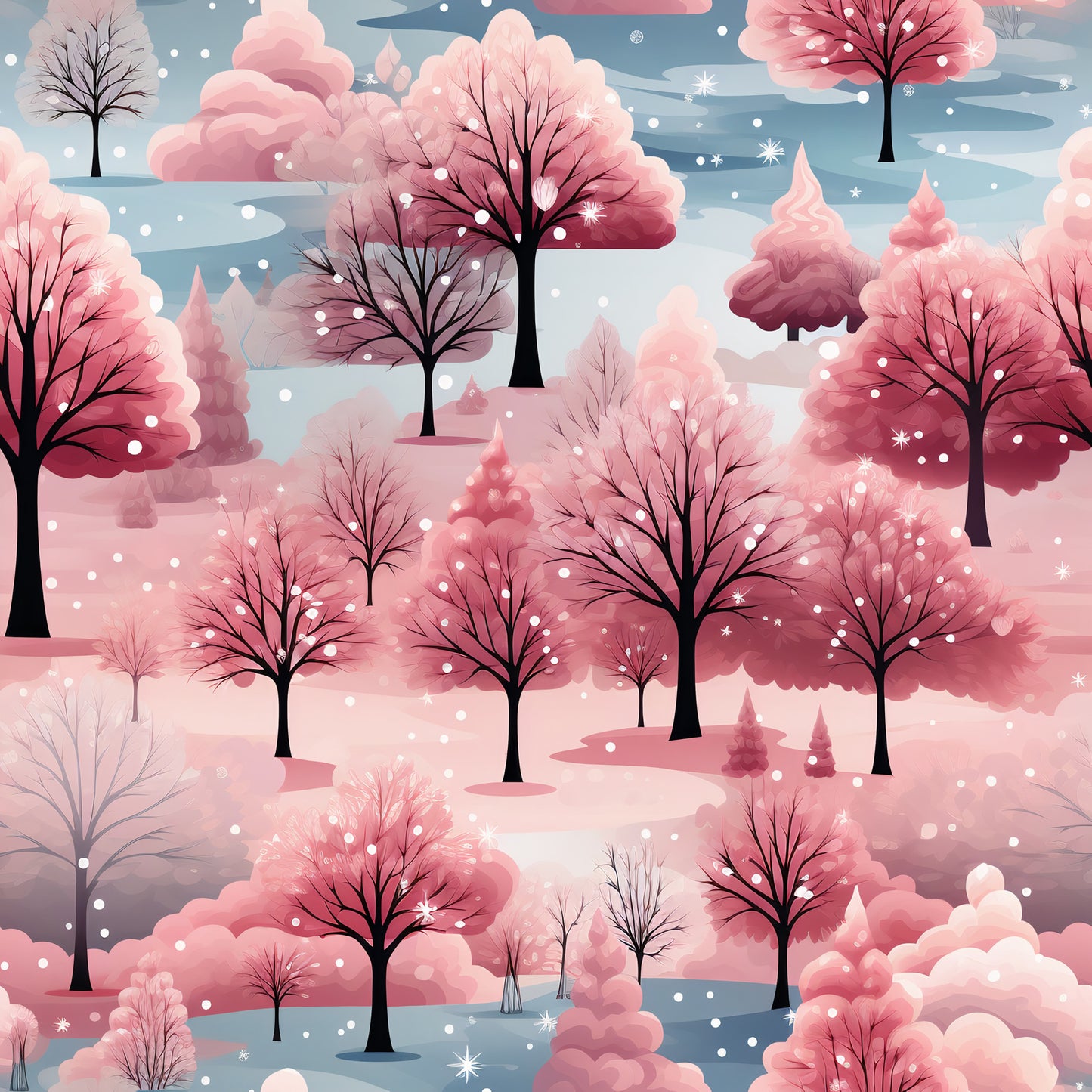 pink, coral, dusty rose, blue gray, winter trees, bare branches, snowflakes, falling snow, winter landscape, dreamy watercolor, soft pastels, quilting cotton, fabric panel, winter wonderland, snowy scene, delicate branches, layered trees, christmas fabric, seasonal design, cotton fabric