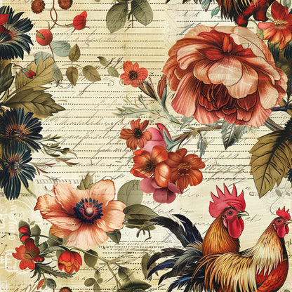 roosters, chickens, botanical flowers, vintage style, farm animals, coral red, olive green, cream background, floral motifs, country living, quilting cotton, fabric panel, rustic charm, pastoral scene, earth tones, farmhouse aesthetic, detailed illustrations, natural elements, warm colors, cottage core