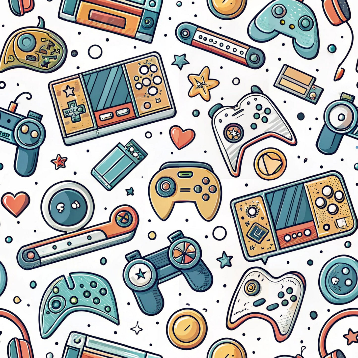gaming controllers, retro gaming, video game pattern, teal, orange, coral, yellow, white background, handheld devices, console controllers, modern illustration, cartoon style, geometric shapes, scattered layout, quilting cotton, fabric panel, gaming theme, electronic devices, playful design, contemporary pattern