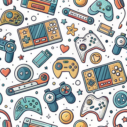 gaming controllers, retro gaming, video game pattern, teal, orange, coral, yellow, white background, handheld devices, console controllers, modern illustration, cartoon style, geometric shapes, scattered layout, quilting cotton, fabric panel, gaming theme, electronic devices, playful design, contemporary pattern