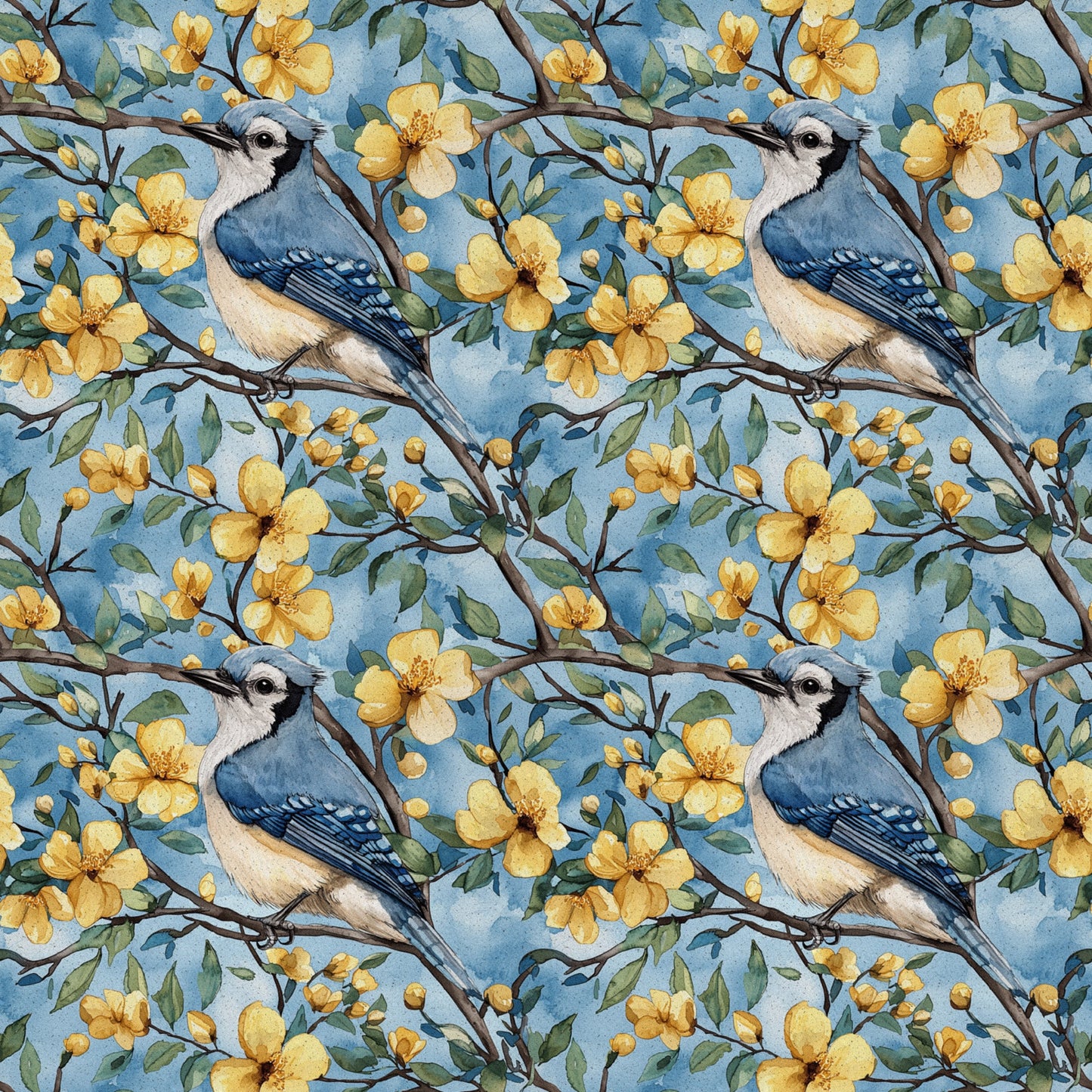 blue jay, floral pattern, yellow flowers, botanical design, bird motif, spring blossoms, nature theme, quilting cotton, fabric panel, watercolor style, blue background, green leaves, brown branches, repeating pattern, wildlife art, garden scene, crafting fabric, soft pastels, delicate artwork