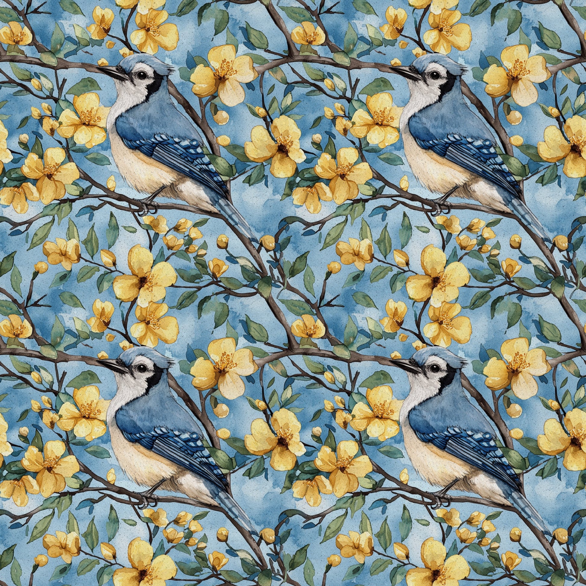 blue jay, floral pattern, yellow flowers, botanical design, bird motif, spring blossoms, nature theme, quilting cotton, fabric panel, watercolor style, blue background, green leaves, brown branches, repeating pattern, wildlife art, garden scene, crafting fabric, soft pastels, delicate artwork