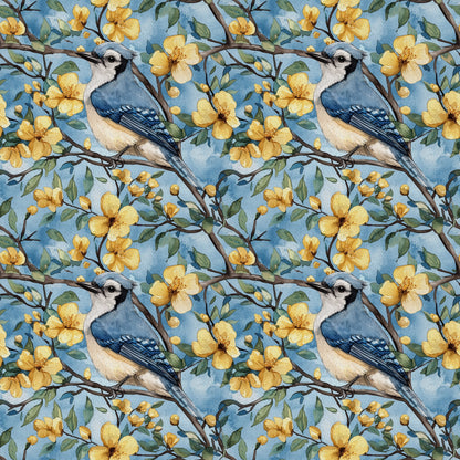 blue jay, floral pattern, yellow flowers, botanical design, bird motif, spring blossoms, nature theme, quilting cotton, fabric panel, watercolor style, blue background, green leaves, brown branches, repeating pattern, wildlife art, garden scene, crafting fabric, soft pastels, delicate artwork