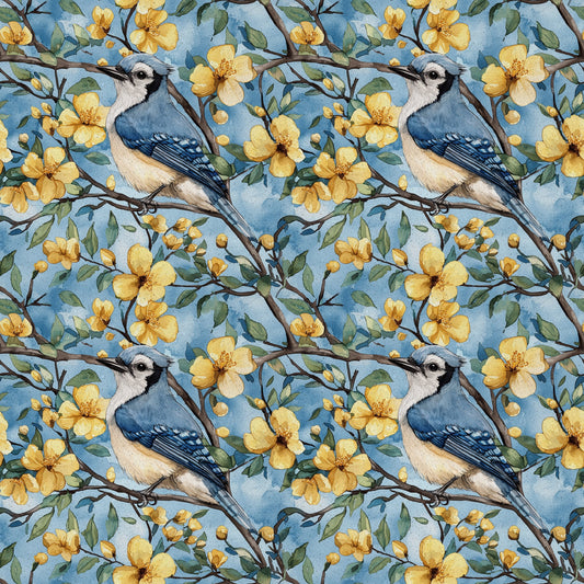 blue jay, floral pattern, yellow flowers, botanical design, bird motif, spring blossoms, nature theme, quilting cotton, fabric panel, watercolor style, blue background, green leaves, brown branches, repeating pattern, wildlife art, garden scene, crafting fabric, soft pastels, delicate artwork