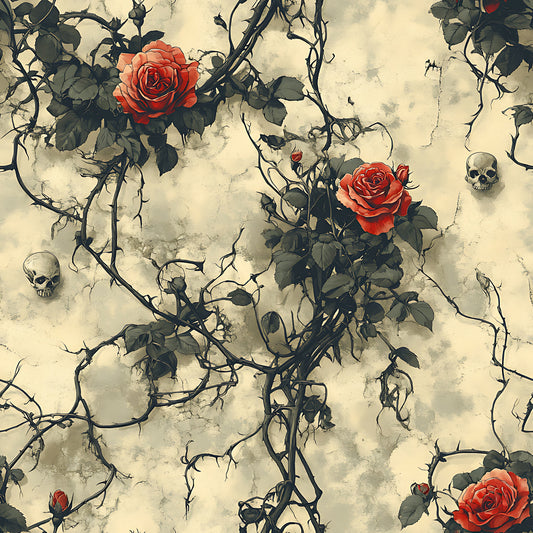 red roses, cream background, thorny vines, skulls, gothic pattern, vintage style, dark romance, quilting cotton, fabric panel, botanical design, macabre motif, antique aesthetic, brambles, bone imagery, dramatic contrast, spooky floral, weathered texture, halloween theme, alternative design, muted tones