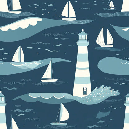 navy blue, teal, cream, white, lighthouse, sailboats, ocean waves, nautical theme, maritime scene, striped lighthouse, sailing vessels, sea foam, coastal design, quilting cotton, fabric panel, geometric waves, stylized illustration, marine motifs, water patterns, boat silhouettes