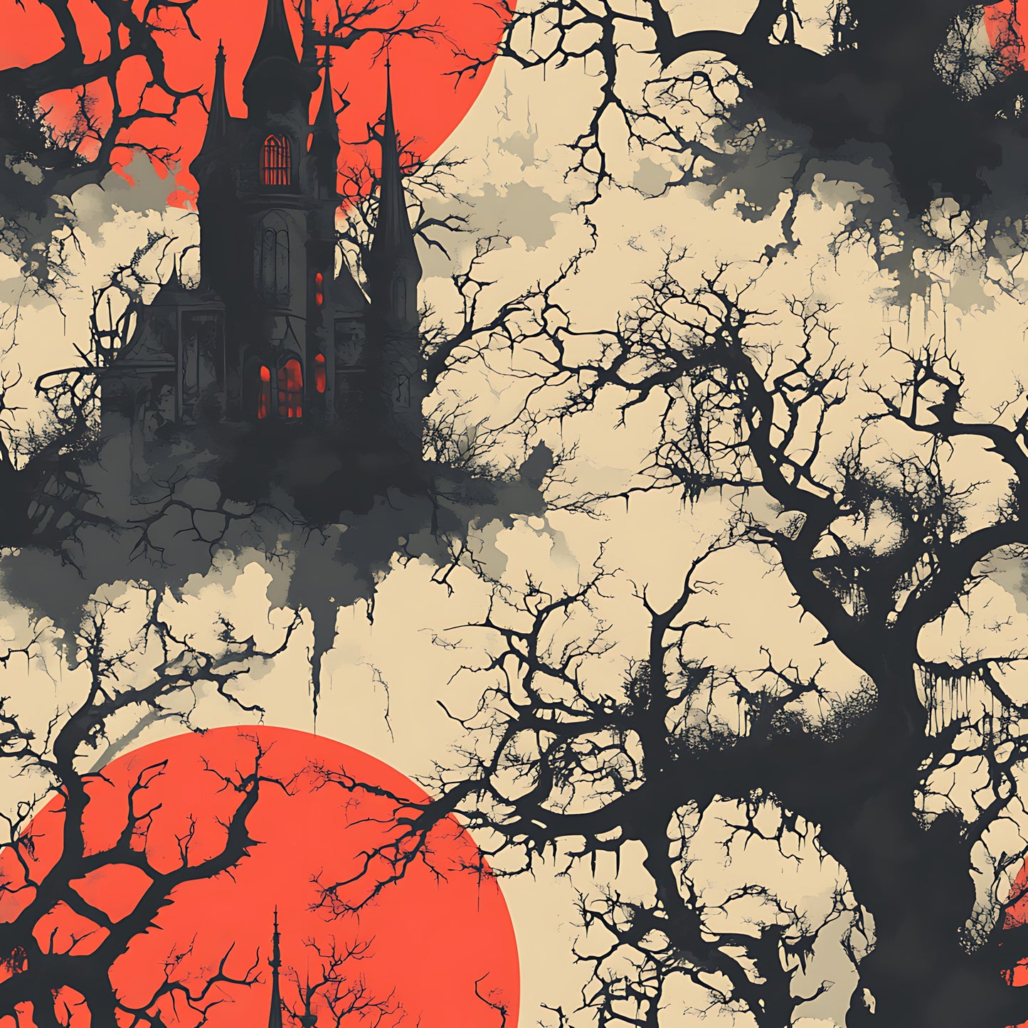 blood moon, crimson red, beige, black silhouettes, bare trees, gothic castle, spooky mansion, haunted house, red windows, gnarled branches, gothic architecture, halloween themed, horror aesthetic, dark atmosphere, eerie scene, quilting cotton, fabric panel, autumn colors, supernatural mood, creepy illustration