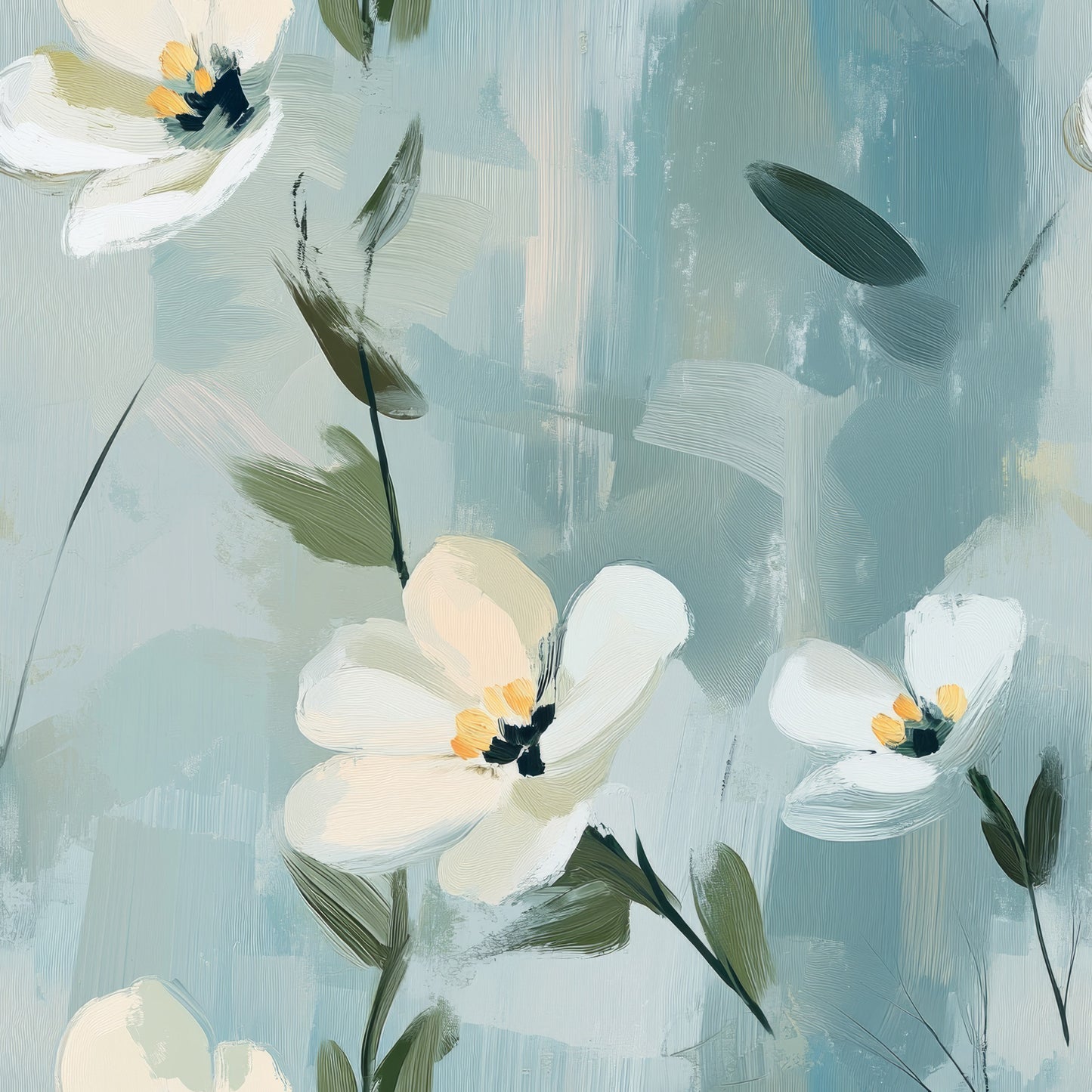 cornflower blue, soft blue, sage green, cream white, pale yellow, orange accents, floral pattern, painted flowers, botanical design, loose brushstrokes, watercolor style, abstract florals, delicate petals, garden blooms, artistic painting, serene mood, quilting cotton, fabric panel, spring theme, nature motifs