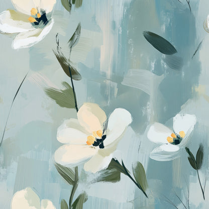 cornflower blue, soft blue, sage green, cream white, pale yellow, orange accents, floral pattern, painted flowers, botanical design, loose brushstrokes, watercolor style, abstract florals, delicate petals, garden blooms, artistic painting, serene mood, quilting cotton, fabric panel, spring theme, nature motifs