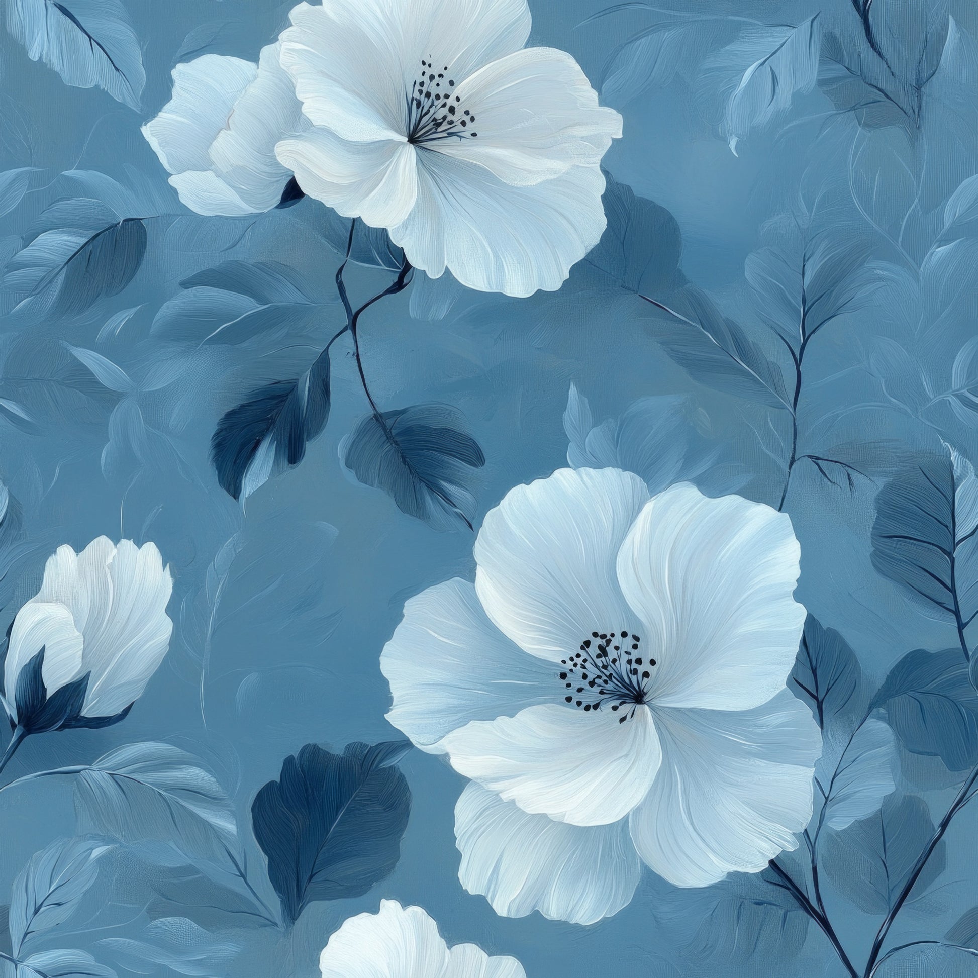 cornflower blue, white flowers, hibiscus blooms, floral pattern, tropical flowers, blue leaves, botanical design, quilting cotton, fabric panel, monochromatic blue, large scale florals, stamens visible, layered petals, nature motif, soft blues, ivory petals, flowing design, organic shapes, summer blooms, painterly style