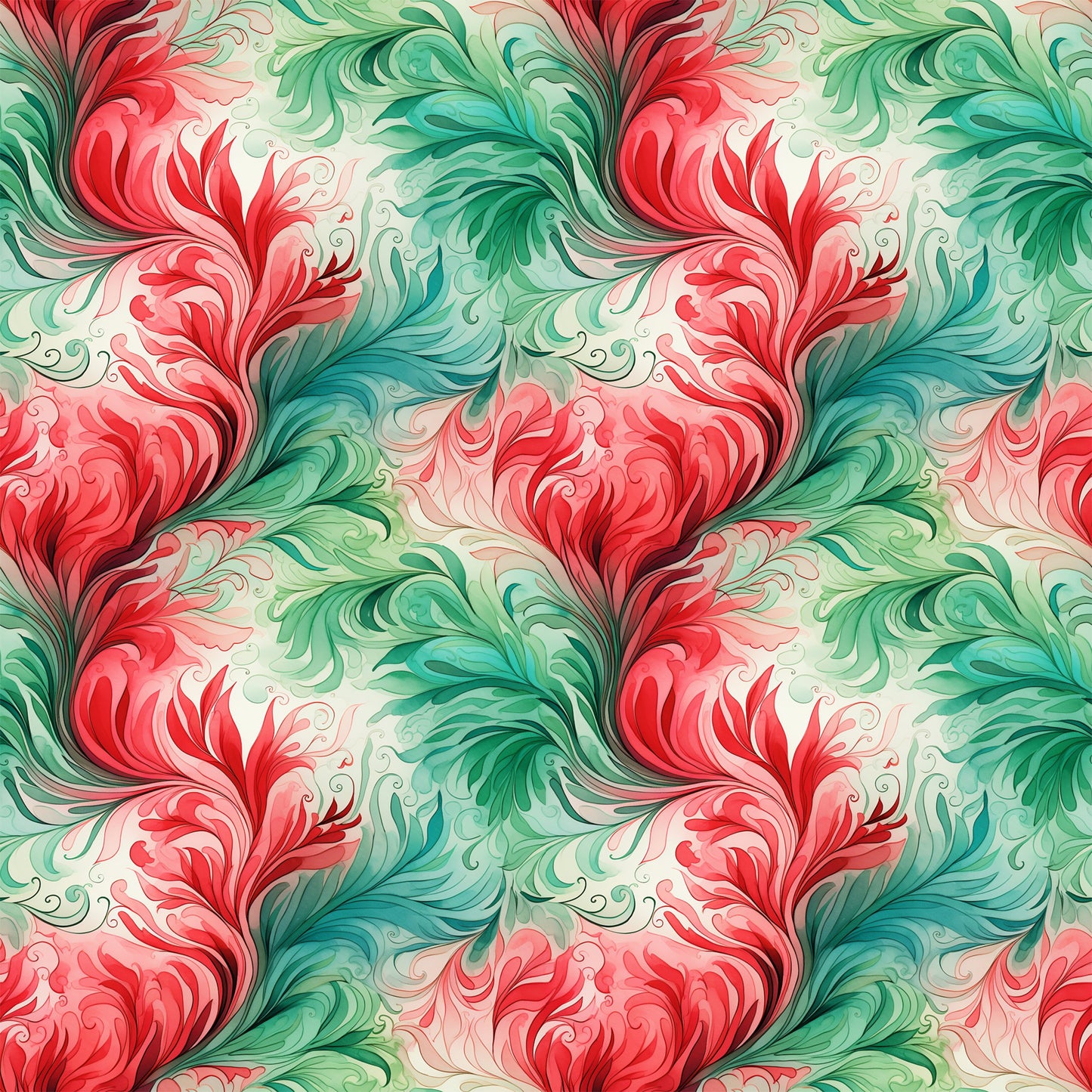 watercolor, christmas swirls, red, green, turquoise, coral pink, cream, flowing patterns, ornate flourishes, decorative scrollwork, holiday fabric, quilting cotton, seamless repeat, elegant swirls, festive colors, botanical motifs, vintage style, fabric panel, christmas crafting, holiday quilting