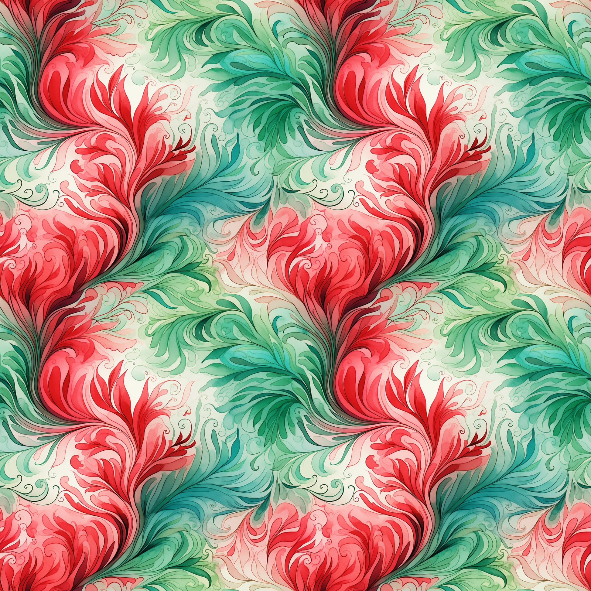 watercolor, christmas swirls, red, green, turquoise, coral pink, cream, flowing patterns, ornate flourishes, decorative scrollwork, holiday fabric, quilting cotton, seamless repeat, elegant swirls, festive colors, botanical motifs, vintage style, fabric panel, christmas crafting, holiday quilting