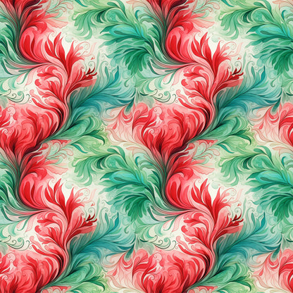 watercolor, christmas swirls, red, green, turquoise, coral pink, cream, flowing patterns, ornate flourishes, decorative scrollwork, holiday fabric, quilting cotton, seamless repeat, elegant swirls, festive colors, botanical motifs, vintage style, fabric panel, christmas crafting, holiday quilting