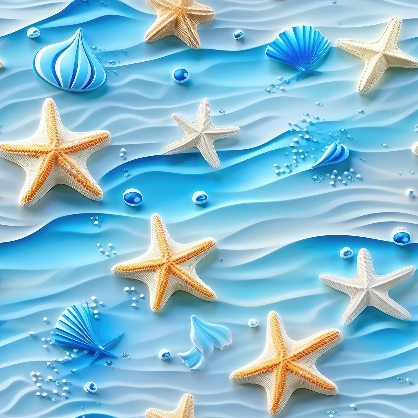 ocean waves, starfish, seashells, aqua blue, turquoise, cream white, golden orange, water droplets, marine life, beach theme, coastal design, summer fabric, quilting cotton, fabric panel, sea creatures, wave pattern, nautical motif, underwater scene, flowing water, beach elements