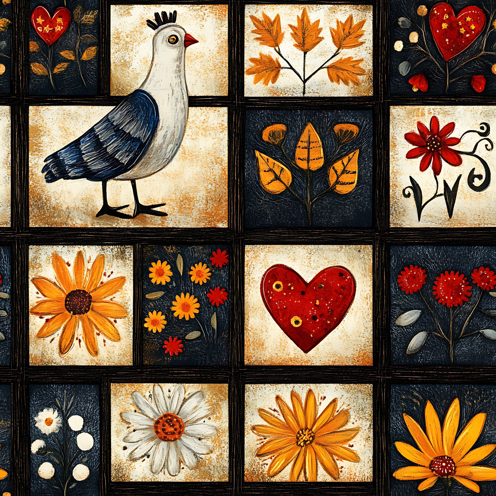 seagull, bird, hearts, flowers, leaves, orange petals, red hearts, white daisy, folk art, autumn colors, navy blue, cream background, quilting panel, cotton fabric, floral motifs, nature designs, warm tones, rustic style, patchwork squares, botanical elements