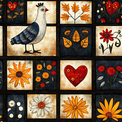 seagull, bird, hearts, flowers, leaves, orange petals, red hearts, white daisy, folk art, autumn colors, navy blue, cream background, quilting panel, cotton fabric, floral motifs, nature designs, warm tones, rustic style, patchwork squares, botanical elements