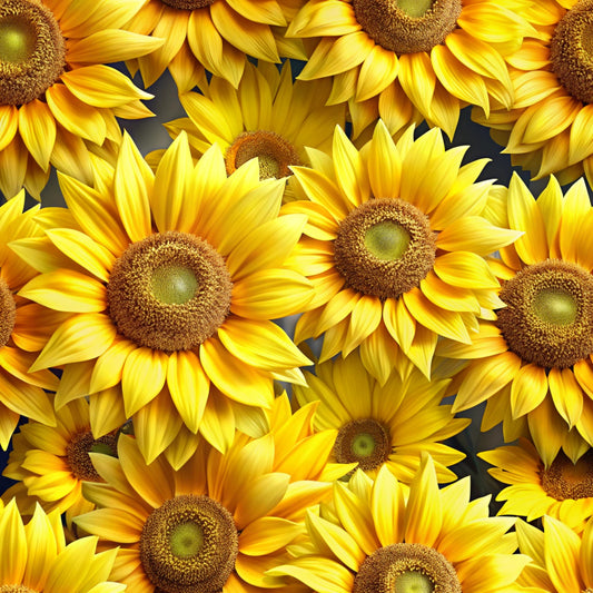 sunflowers, golden yellow, bright yellow, orange tones, brown centers, green centers, realistic floral, botanical pattern, layered petals, dense arrangement, vibrant blooms, summer flowers, quilting cotton, fabric panel, nature motif, warm colors, detailed flowers, overlapping design, cheerful mood, seasonal blooms