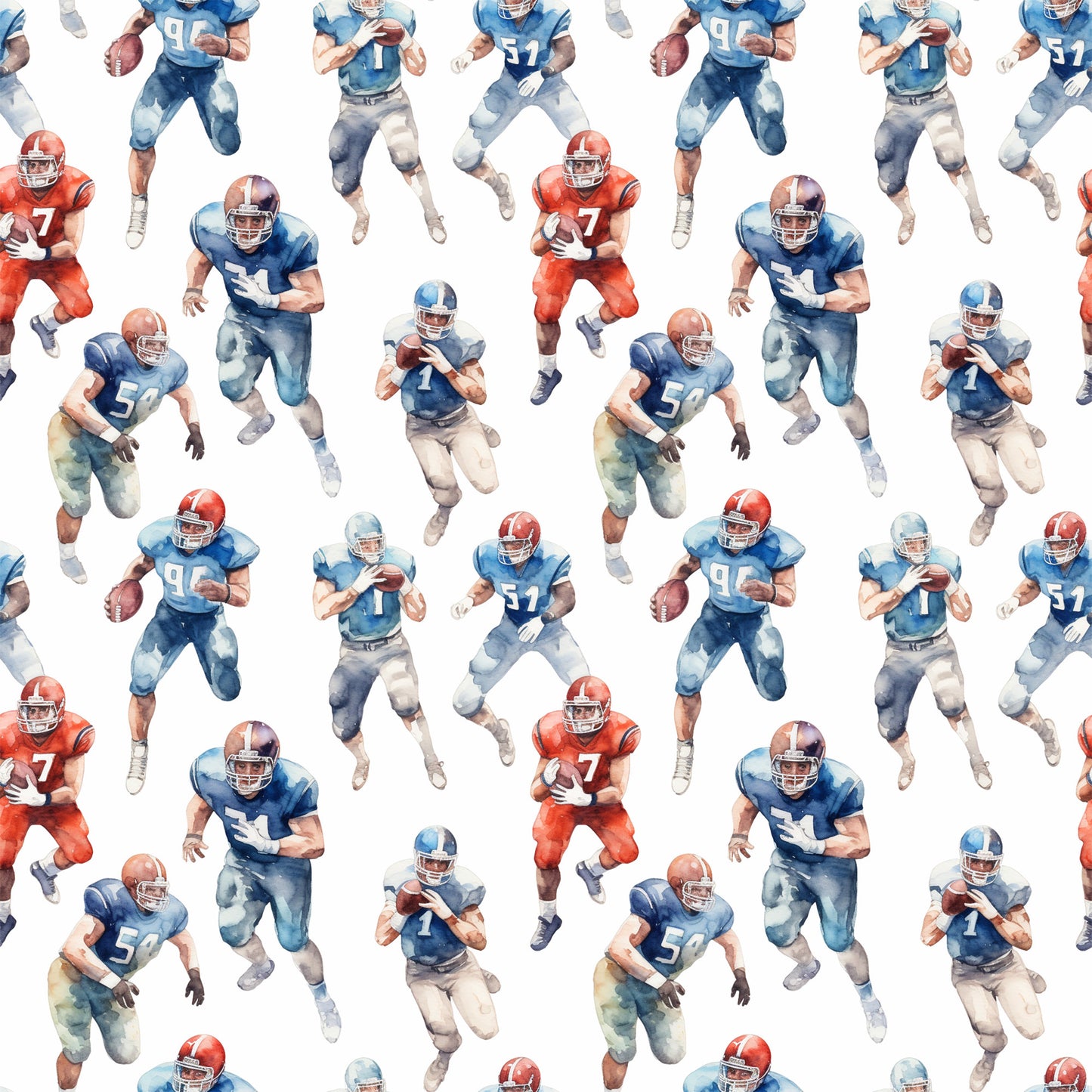 watercolor, football players, sports pattern, blue uniforms, red uniforms, athletic figures, repeating design, quilting cotton, fabric panel, americana colors, team sports, player silhouettes, game day theme, sporty motif, cotton fabric, craft material, sewing supplies, jersey numbers, football helmets, active poses
