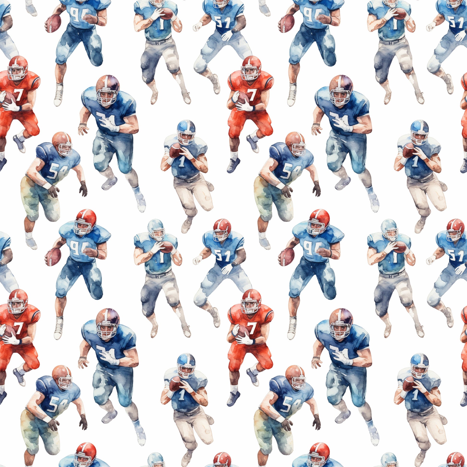 watercolor, football players, sports pattern, blue uniforms, red uniforms, athletic figures, repeating design, quilting cotton, fabric panel, americana colors, team sports, player silhouettes, game day theme, sporty motif, cotton fabric, craft material, sewing supplies, jersey numbers, football helmets, active poses