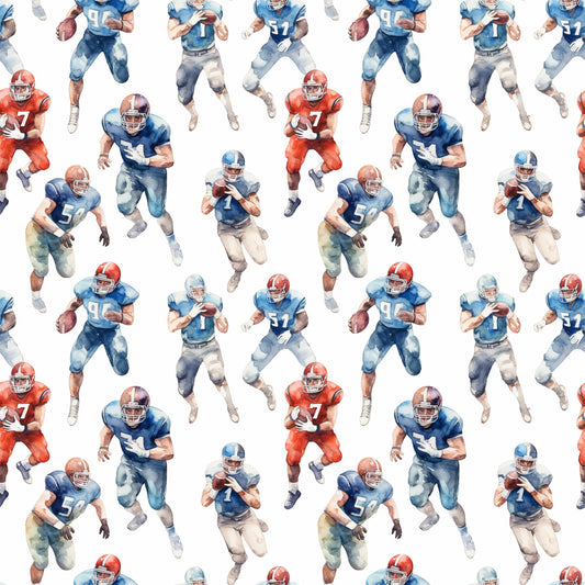 watercolor, football players, sports pattern, blue uniforms, red uniforms, athletic figures, repeating design, quilting cotton, fabric panel, americana colors, team sports, player silhouettes, game day theme, sporty motif, cotton fabric, craft material, sewing supplies, jersey numbers, football helmets, active poses
