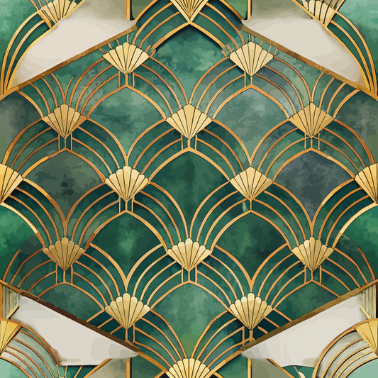 emerald green, gold, cream, art deco, fan pattern, geometric design, scalloped motifs, radiating lines, luxury style, vintage inspired, quilting cotton, fabric panel, repeating pattern, architectural elements, ornate details, sophisticated, glamorous, 1920s style, decorative motifs