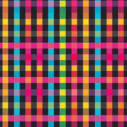 neon colors, gingham pattern, checkered design, bright pink, electric blue, lime green, orange, yellow, purple, geometric squares, vibrant checkerboard, quilting cotton, fabric panel, retro style, pop art aesthetic, colorful blocks, contemporary pattern, craft fabric, sewing material, rainbow palette