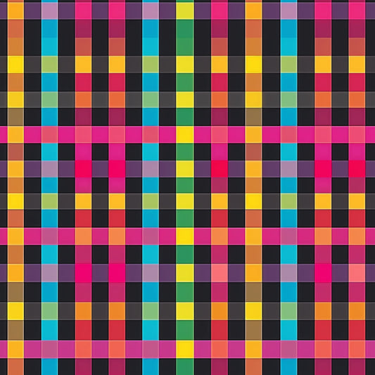 neon colors, gingham pattern, checkered design, bright pink, electric blue, lime green, orange, yellow, purple, geometric squares, vibrant checkerboard, quilting cotton, fabric panel, retro style, pop art aesthetic, colorful blocks, contemporary pattern, craft fabric, sewing material, rainbow palette