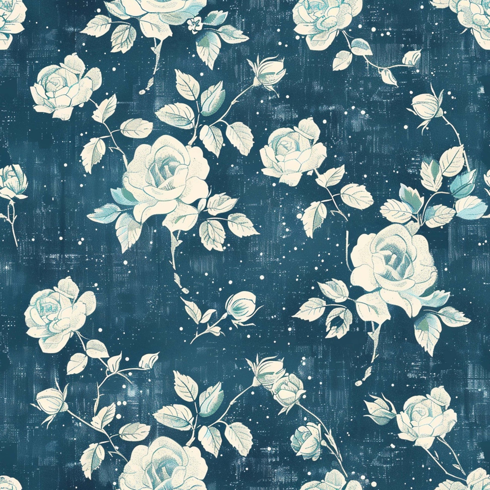 navy blue, cream white, sage green, roses, floral pattern, vintage style, distressed texture, botanical design, cotton fabric, quilting panel, farmhouse aesthetic, shabby chic, romantic florals, weathered background, rose blooms, leafy stems, soft pastels, rustic charm, country style, fabric panel