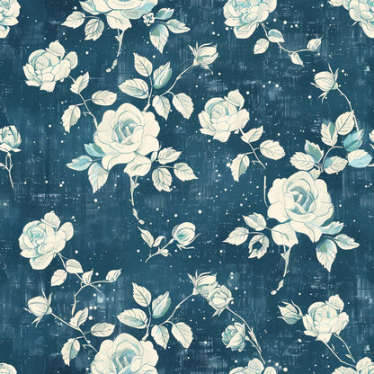 navy blue, cream white, sage green, roses, floral pattern, vintage style, distressed texture, botanical design, cotton fabric, quilting panel, farmhouse aesthetic, shabby chic, romantic florals, weathered background, rose blooms, leafy stems, soft pastels, rustic charm, country style, fabric panel