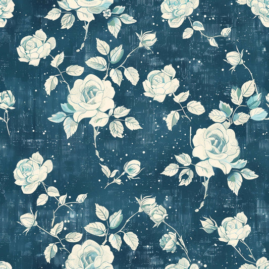 navy blue, cream white, sage green, roses, floral pattern, vintage style, distressed texture, botanical design, cotton fabric, quilting panel, farmhouse aesthetic, shabby chic, romantic florals, weathered background, rose blooms, leafy stems, soft pastels, rustic charm, country style, fabric panel