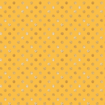 golden yellow, polka dots, circular patterns, metallic accents, geometric design, quilting cotton, fabric panel, celebration theme, gold foil, dotted pattern, bright yellow, shimmery dots, repeating motifs, cheerful mood, festive fabric, cotton material, small circles, uniform spacing, party theme, decorative dots