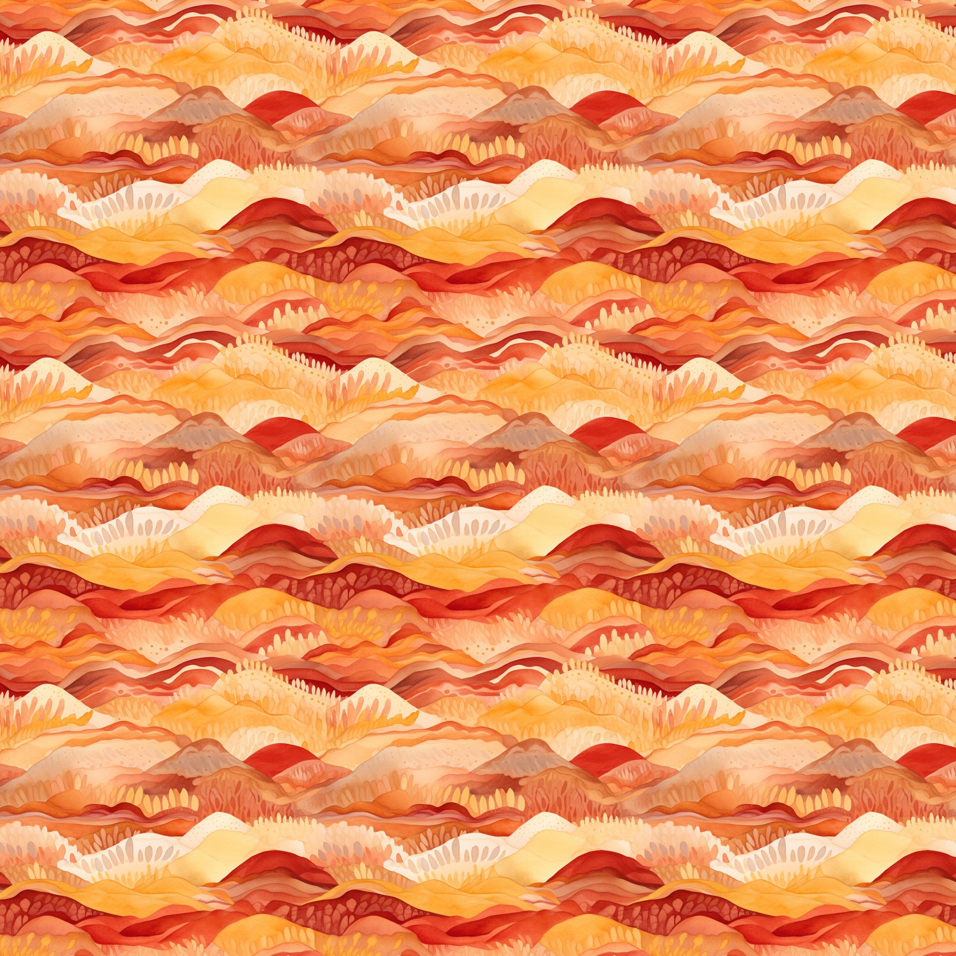 desert sunrise, mountain landscape, layered hills, warm orange, deep red, golden yellow, coral pink, flowing waves, geometric pattern, quilting cotton, fabric panel, sunset colors, southwestern style, nature inspired, rolling terrain, warm tones, artistic mountains, desert theme, landscape design, repeating pattern