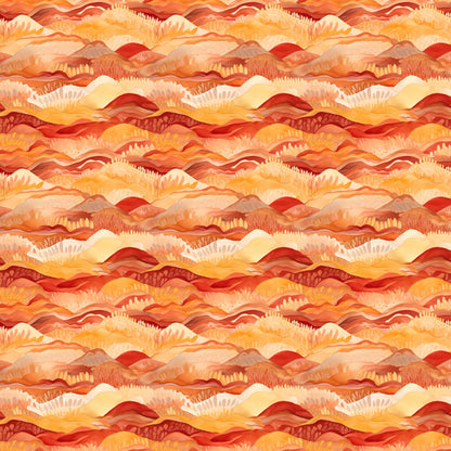 desert sunrise, mountain landscape, layered hills, warm orange, deep red, golden yellow, coral pink, flowing waves, geometric pattern, quilting cotton, fabric panel, sunset colors, southwestern style, nature inspired, rolling terrain, warm tones, artistic mountains, desert theme, landscape design, repeating pattern