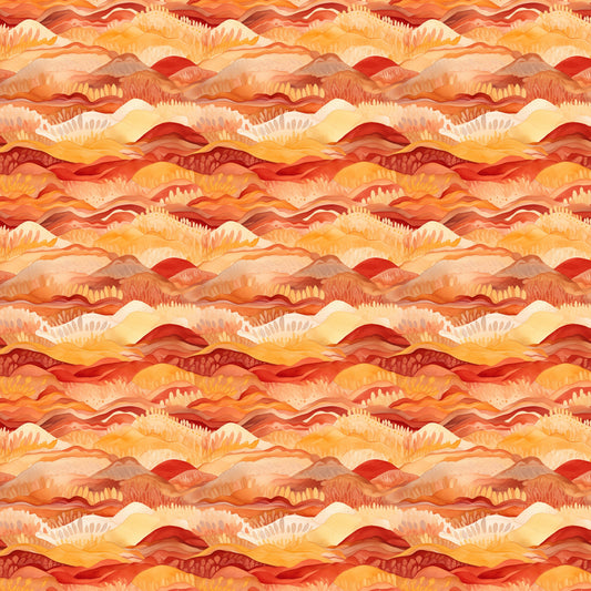 desert sunrise, mountain landscape, layered hills, warm orange, deep red, golden yellow, coral pink, flowing waves, geometric pattern, quilting cotton, fabric panel, sunset colors, southwestern style, nature inspired, rolling terrain, warm tones, artistic mountains, desert theme, landscape design, repeating pattern