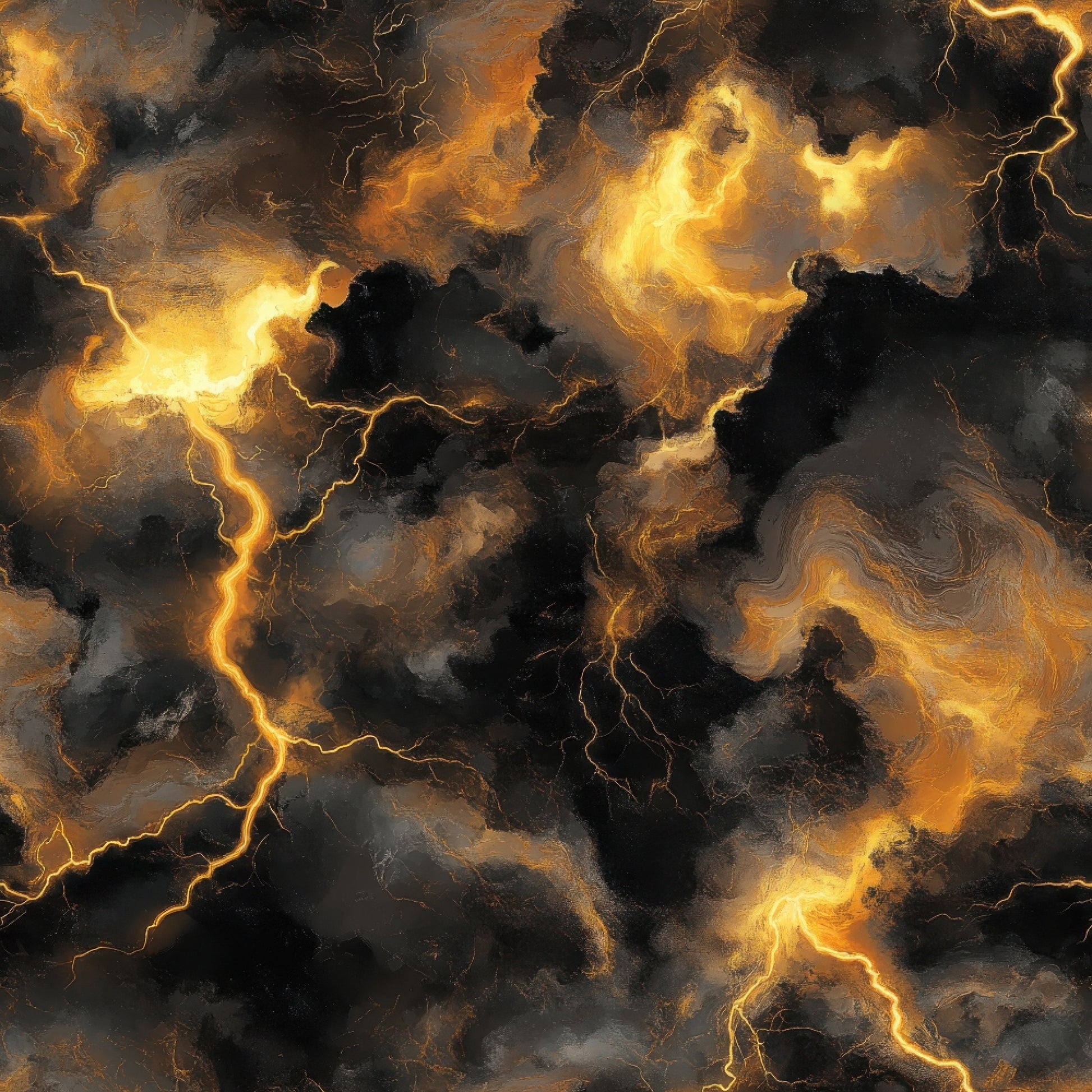 thunderbolt pattern, lightning bolts, storm clouds, golden yellow, amber orange, charcoal black, dramatic sky, electrical storm, weather pattern, quilting cotton, fabric panel, swirling clouds, jagged lightning, stormy atmosphere, electric energy, turbulent sky, nature forces, meteorological design, tempest scene