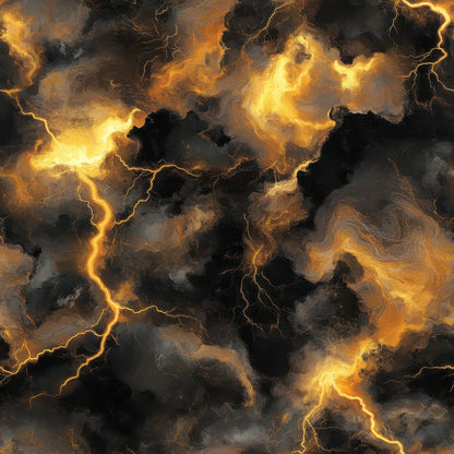 thunderbolt pattern, lightning bolts, storm clouds, golden yellow, amber orange, charcoal black, dramatic sky, electrical storm, weather pattern, quilting cotton, fabric panel, swirling clouds, jagged lightning, stormy atmosphere, electric energy, turbulent sky, nature forces, meteorological design, tempest scene