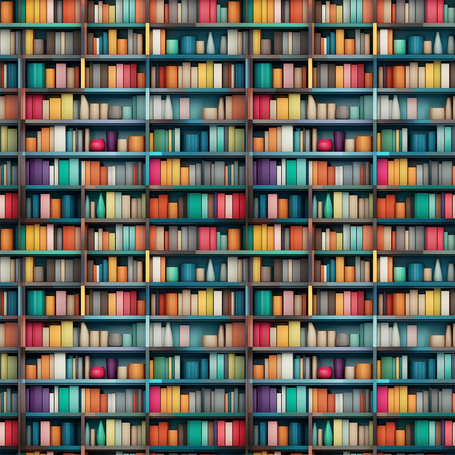 bookshelf pattern, library scene, colorful books, teal shelves, orange books, pink books, yellow books, purple books, turquoise books, red books, white books, geometric arrangement, repeating pattern, quilting cotton, fabric panel, literary theme, book spines, shelf compartments, vibrant colors, reading motif