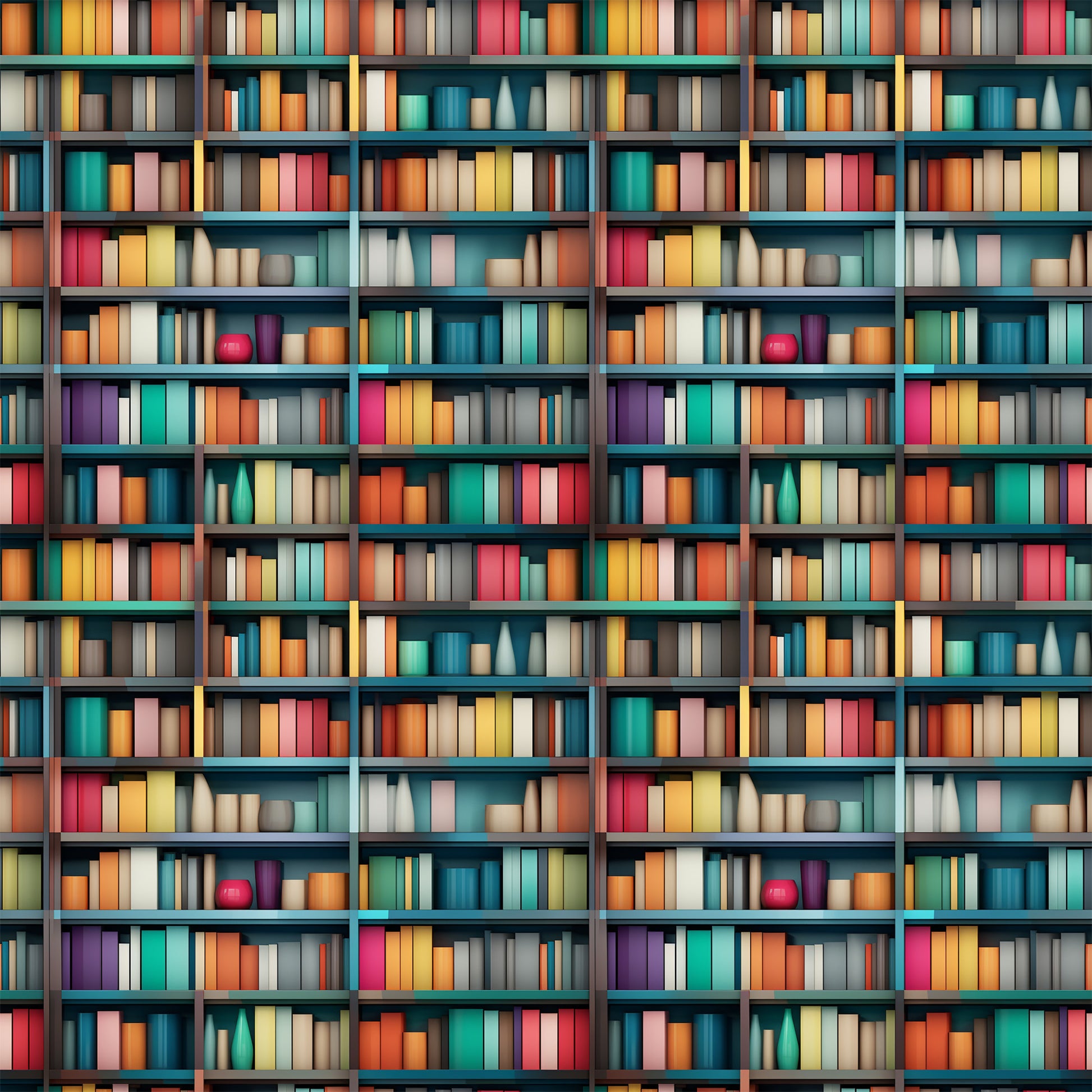 bookshelf pattern, library scene, colorful books, teal shelves, orange books, pink books, yellow books, purple books, turquoise books, red books, white books, geometric arrangement, repeating pattern, quilting cotton, fabric panel, literary theme, book spines, shelf compartments, vibrant colors, reading motif