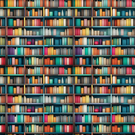 bookshelf pattern, library scene, colorful books, teal shelves, orange books, pink books, yellow books, purple books, turquoise books, red books, white books, geometric arrangement, repeating pattern, quilting cotton, fabric panel, literary theme, book spines, shelf compartments, vibrant colors, reading motif