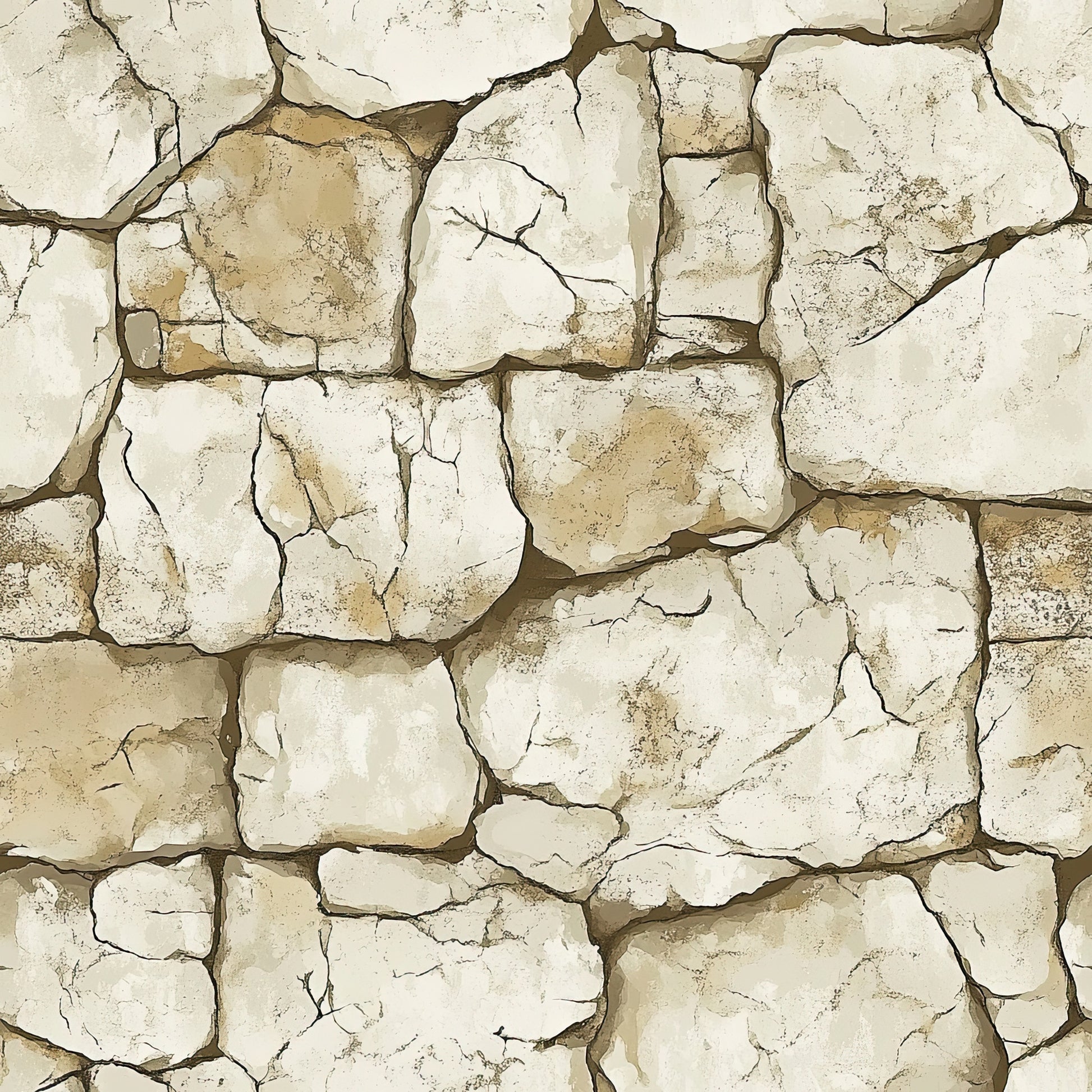 beige, cream, tan, stone wall, cracked stones, irregular blocks, weathered texture, rustic pattern, western theme, aged appearance, natural stone, quilting cotton, fabric panel, earthy tones, rough hewn, desert colors, southwestern style, building blocks, mortar joints, distressed finish